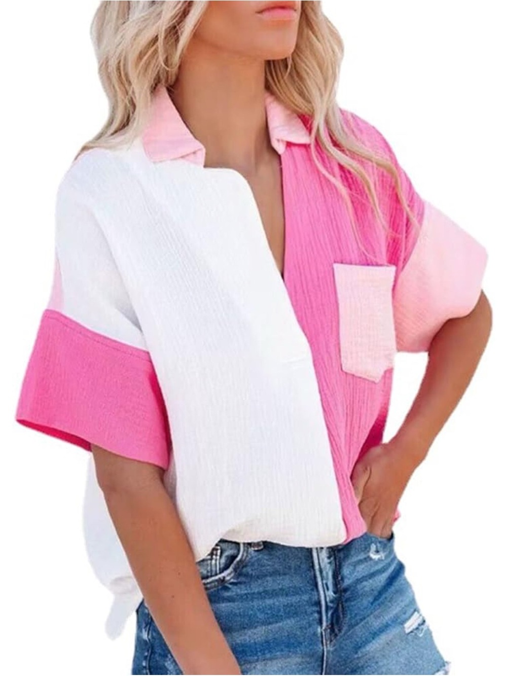 💕NWOT VICI Collection Pink White Colorblock Gauze Short Sleeve Collared Top | M